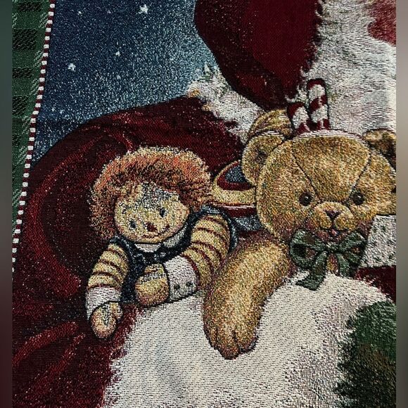 Vintage Christmas Santa Tapestry Throw Blanket raggedy Ann doll teddy bear - Picture 2 of 3